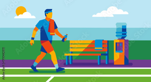 Tennis Player Changing Sides

A flat vector illustration of a tennis player walking to the bench during a break. Water bottle and towel visible. Flat vector style, rest and recovery.
