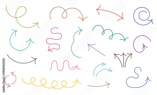 Colorful hand drawn doodle arrows and curved direction pointers with loops spirals and wavy strokes for presentations infographics tutorials diagrams and social media highlights