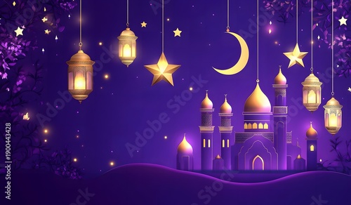 Vector illustration of a muslim mosque and lantern with a calligraphic pattern