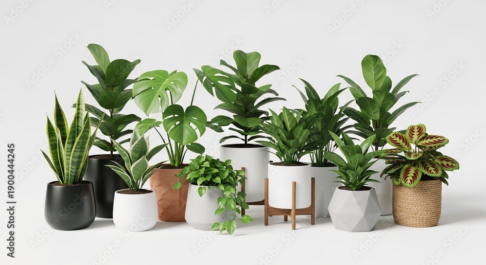 Obraz premium Collection of various potted houseplants including monstera and snake plant in modern planters for home decor and interior design isolated on white