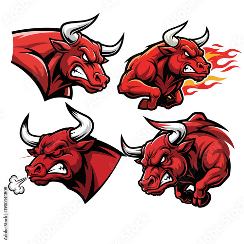 Vector Red Bull Mascot Set with Charging Poses and Fierce Expressions