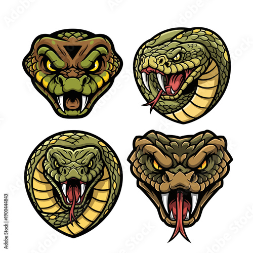 Vector Viper and Serpent Snake Mascot Set with Fangs and Strike Expressions