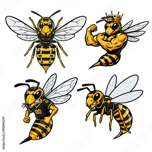 Vector Hornet and Wasp Mascot Set with Muscular Poses and Sharp Stingers