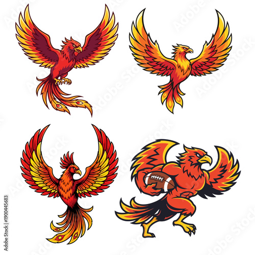 Vector Phoenix Mascot Set with Radiant Fire Plumage and Athletic Football Persona