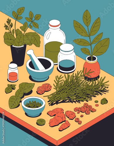 Herbal Medicine Preparation

A flat vector illustration of herbal medicine being prepared on a table. Dried herbs, mortar and pestle, glass jars, and leaves visible. 