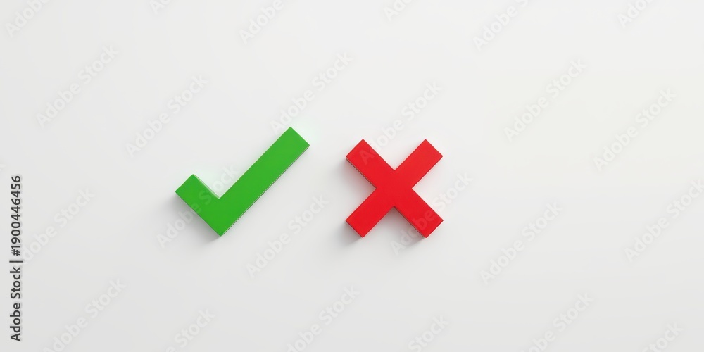 Obraz premium Check mark and cross mark symbols on a light background indicating approval and disapproval.