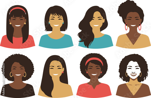 Diverse smiling women portraits with various hairstyles and skin tones.