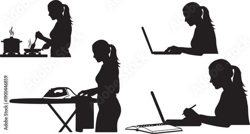 Silhouettes of women engaged in daily tasks: cooking, working, and ironing.