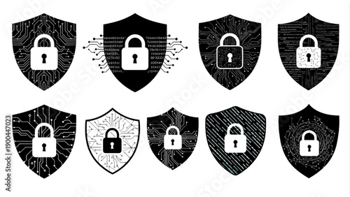 Cybersecurity Shield Silhouette Vector Set – Padlock Data Protection Security Icons