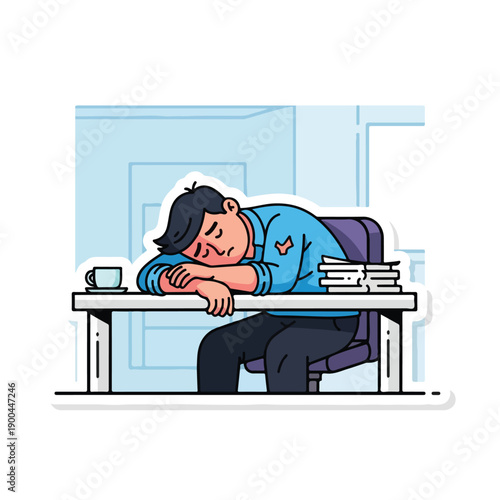 A man sleeps on a desk with books and a coffee cup nearby
