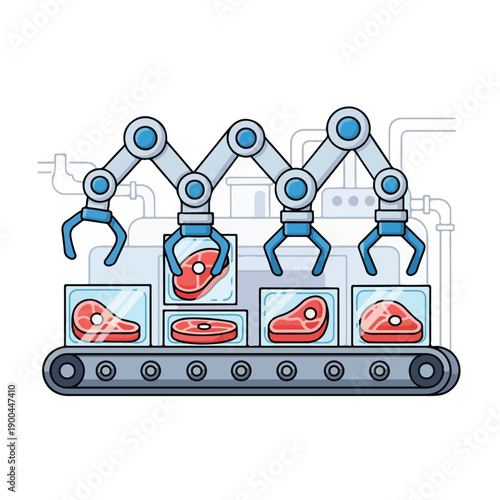 A meat processing factory with robotic arms