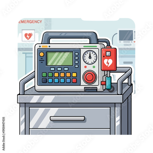A medical device on a cart with emergency equipment