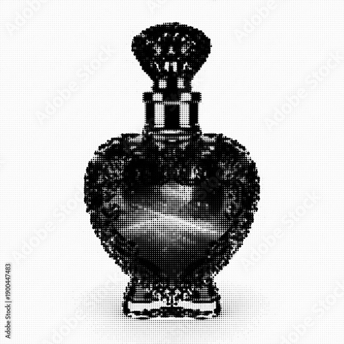 Heart shaped vintage potion bottle in black and white halftone dot art style isolated on white. Retro glass perfume decanter with liquid.