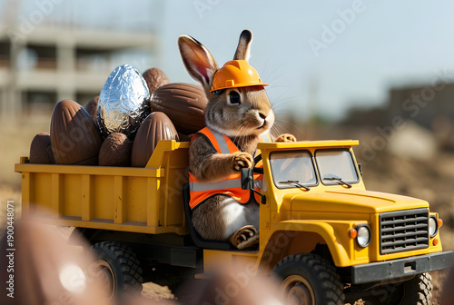 Cute Easter bunny wearing an orange hard hat and safety vest driving a yellow construction truck filled with chocolate eggs at a construction site for seasonal holiday delivery concept