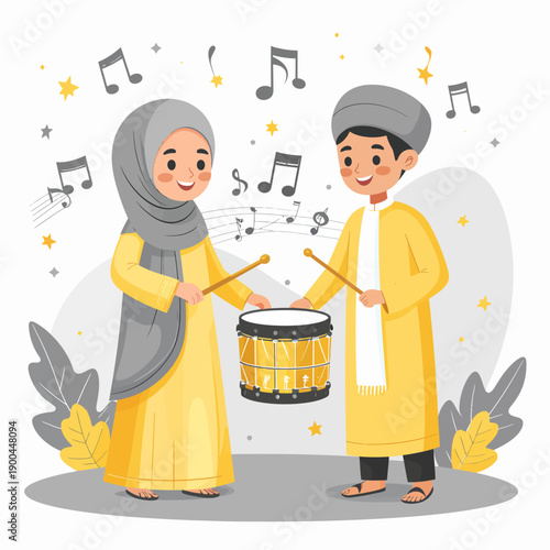 Traditional Ramadan Drummer Waking Up Character Flat Vector Illustration