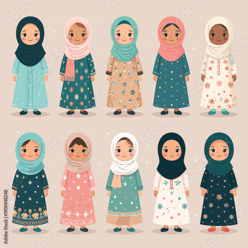 Traditional Muslim Clothing Diversity Flat Vector Child Characters