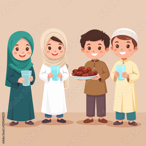Muslim Kids Eating Dates at Iftar Flat Vector Ramadan Illustration