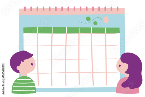 卓上カレンダーと横顔の男の子と女の子のイラスト