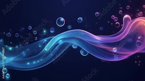 Abstract colorful waves with glowing bubbles on dark background for modern digital design and technology themes