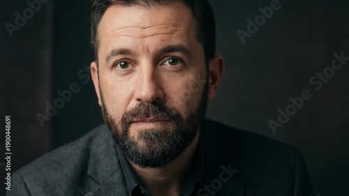 Confident mature man with beard wearing gray blazer looking at camera in studio portrait