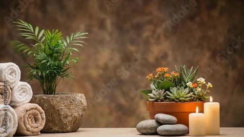 Relaxing spa setting with green plant rolled towels succulent flowers candles and smooth stones on wooden surface