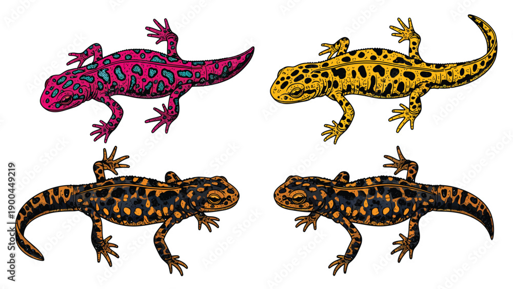 Fototapeta premium Colorful Hand-drawn Salamanders and Newts. Engraved Style Amphibian Illustrations Set.