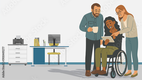 Colleagues Supporting Employee in Wheelchair with Digital Tablet