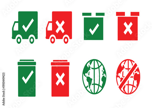 Essential vector icon set for status indicators, showing approval and rejection symbols. Includes green checkmark and red cross icons for delivery, package, waste management, and global concepts