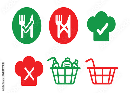 Collection of six icons representing food, restaurant, and shopping concepts with checkmarks and crosses