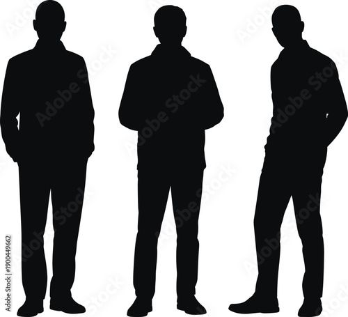 Black Silhouette of Three Men Standing Together as a Group or Business Team Isolated on White Background for Professional Design Use
