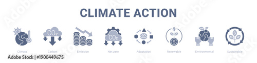 Climate Action web banner icon vector illustration concept ,  with icon of Climate, Carbon, Emission, Net zero, Adaptation, Renewable.