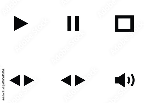 Modern black vector icons for media player controls, featuring play, pause, stop, volume, and navigation arrows, essential for digital user interface design elements and applications
