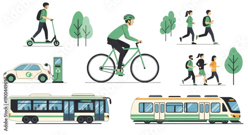People riding bicycles and scooters outdoors isolated on transparent background.