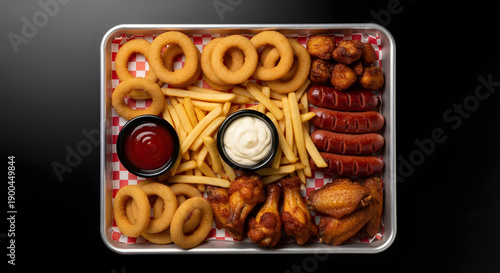 A diverse and tempting platter featuring golden onion rings, crispy french fries, savory chicken wings, and grilled sausages, accompanied by creamy and tangy dipping sauces, perfect for sharing