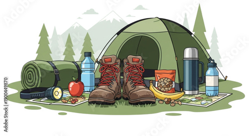 Camping gear and hiking boots outdoors isolated on transparent background.