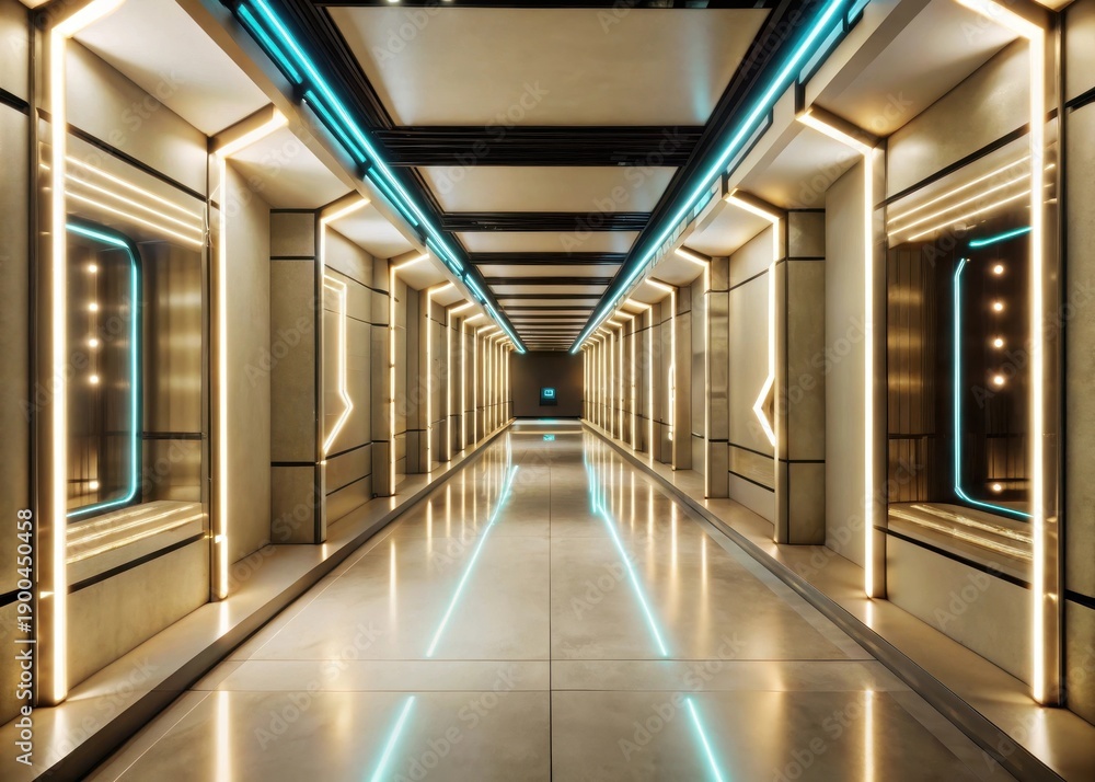 Fototapeta premium A futuristic corridor bathes in an ethereal glow of blue and pink neon lights