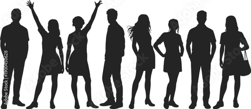 Black silhouettes of diverse group of young men and women standing in various poses isolated on white background for lifestyle concept
