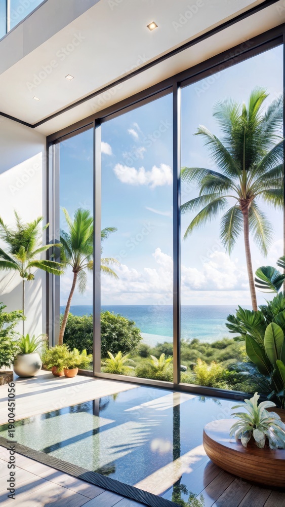 Fototapeta premium Here is the expanded metadata for the input concept Indoor oasis with floortoceiling windows showcasing lush tropical foliage and serene ocean vi