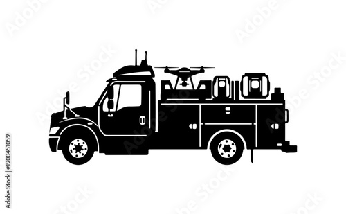 Black Vector Fire Truck with Drone Silhouette
