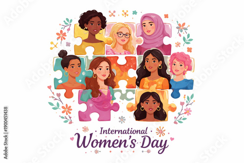 Diverse women celebrated on International Women's Day puzzle pieces with floral accents