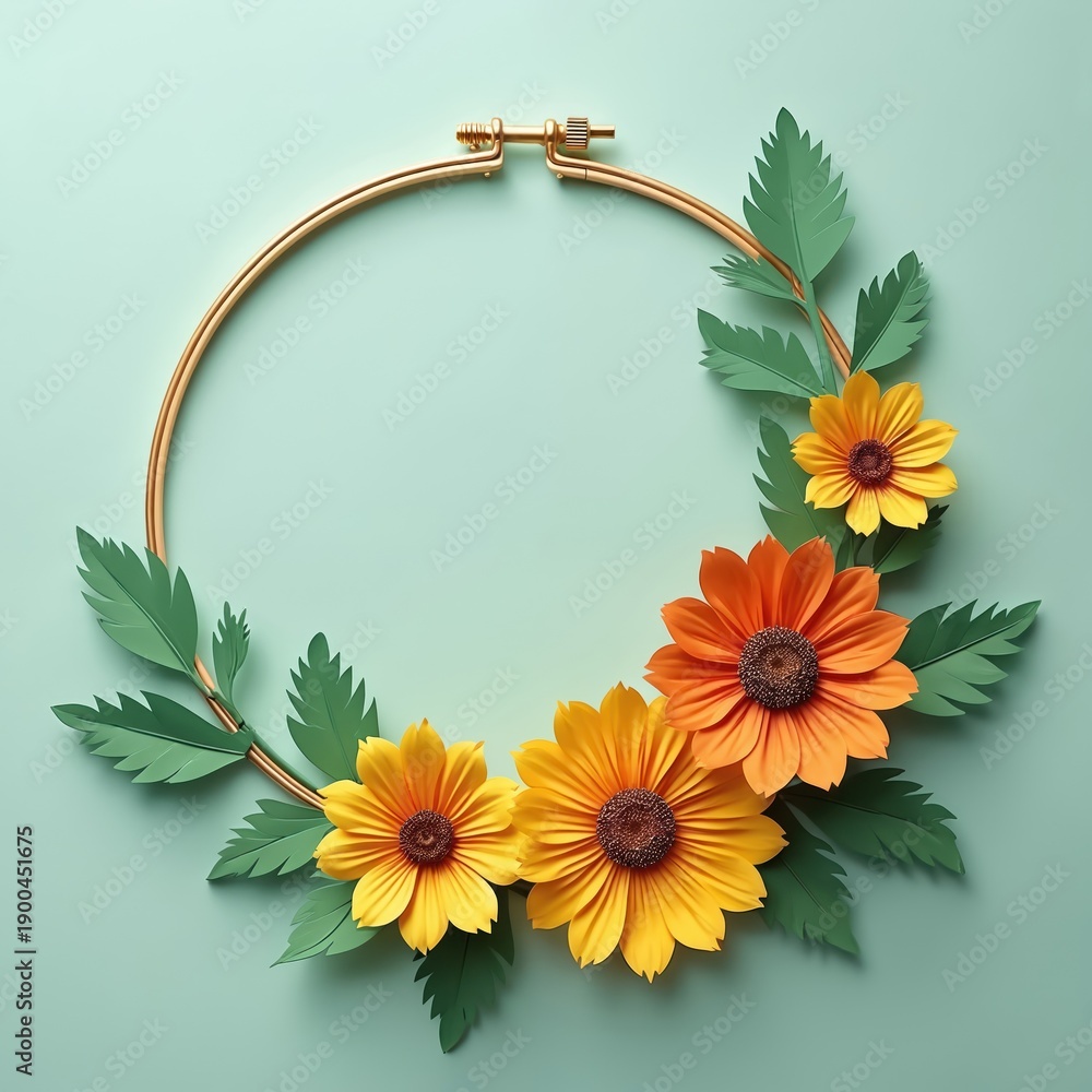 Obraz premium Paper flowers arranged in circle on hoop. Green leaves and yellow orange blooms create festive floral wreath. Bright, simple craft decor for design.