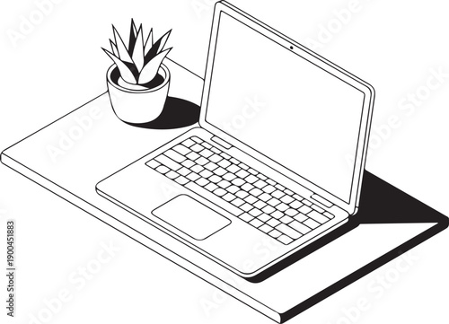 Laptop and Potted Plant on a Desk