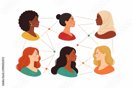Diverse women connected in a network, symbolizing unity and global community