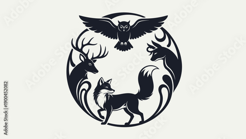 Stylized emblem featuring wild animals like deer, fox and owl inside a circle