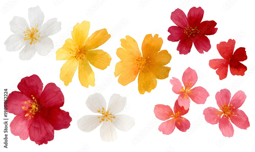 Obraz premium A collection of watercolor-style small flower materials, consisting of 5 petals, various colors of small flowers