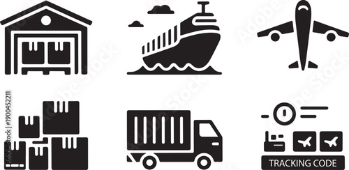 Logistics and Shipping Icons: Warehouse, Ship, Plane, Truck, Boxes, Tracking