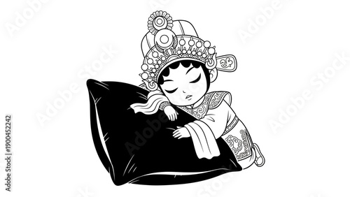 Cute chinese opera character sleeping on a pillow monochrome illustration