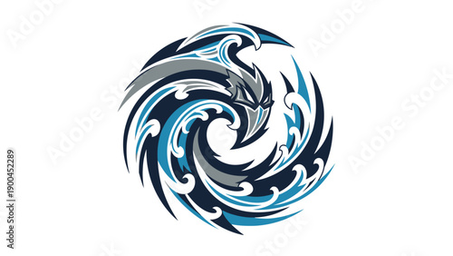 Abstract circular design with stylized wave-like elements and mask impression design