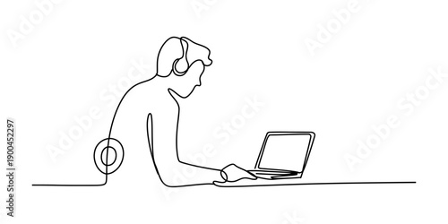 Continuous line drawing of a person with back pain sitting at a laptop wearing headphones Vector, illustration
