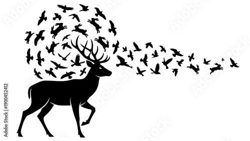 Stag silhouette with flock of birds and rabbits flying from antlers fantasy concept creative